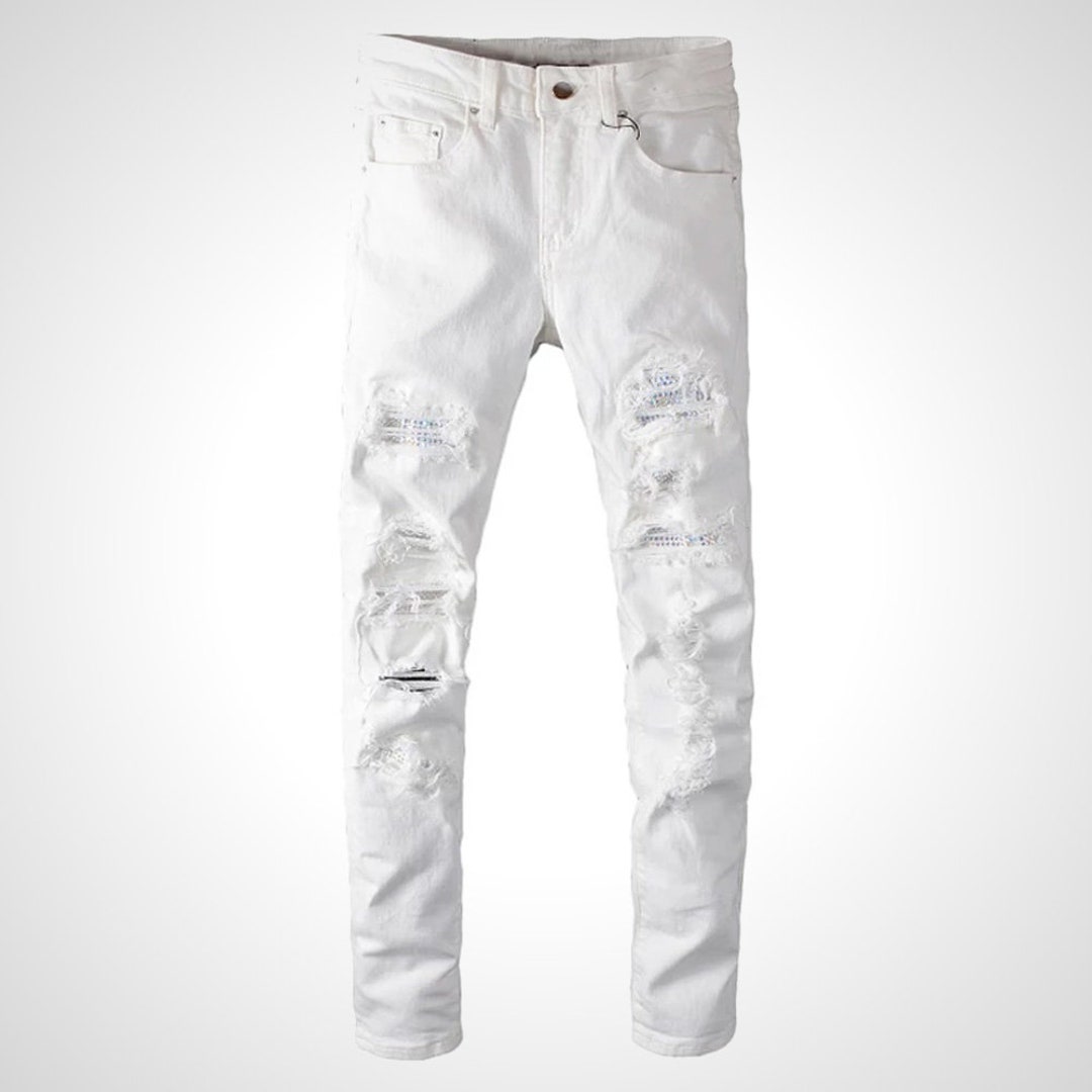 Men's Slim Fit Ripped White Stretch Denim Jeans With Rhinestone ...