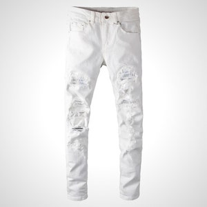 Men's Slim Fit Ripped White Stretch Denim Jeans with Rhinestone Crystals Inside the Tears
