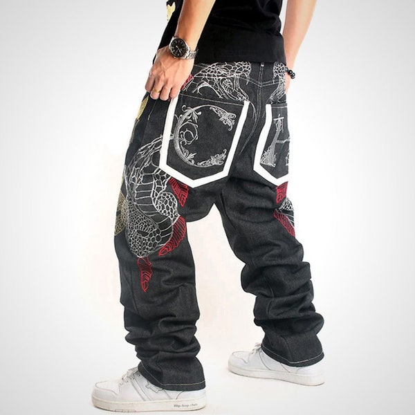 Mens Baggy Denim Jeans, Snake Embroidery, Hip-Hop, Skater, Street Style