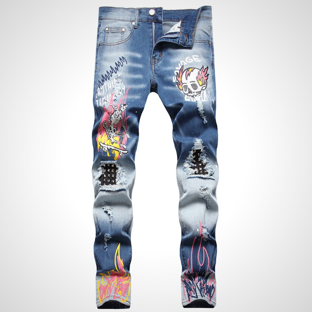 Men's Denim Jeans Painted With Flames and Skulls Knee Etsy