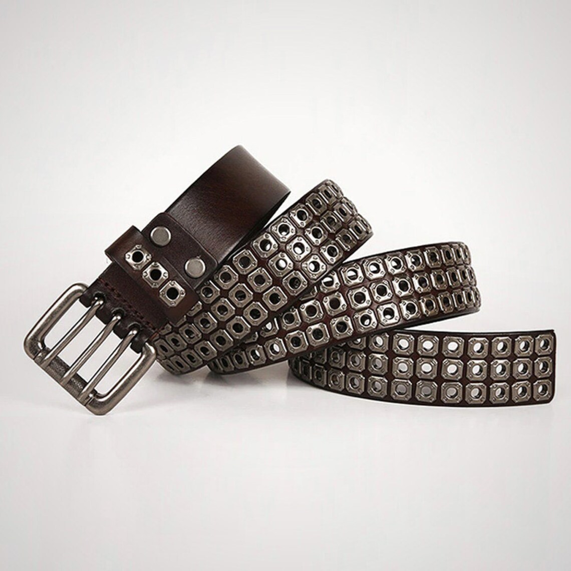 Genuine Leather Heavy Metal Cross Rivet Belt. Available in Etsy UK