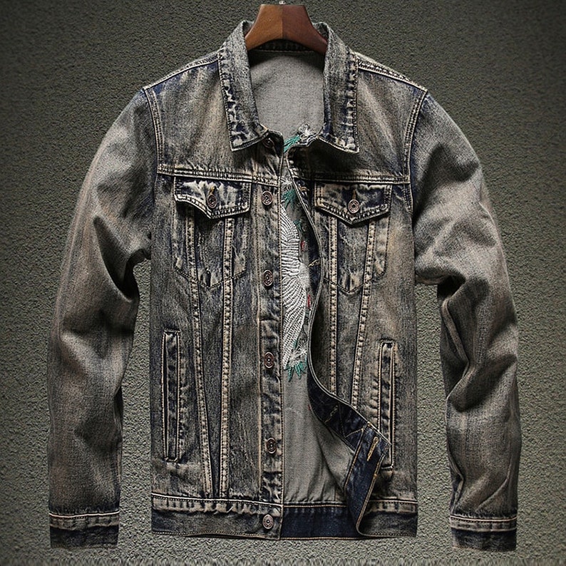 Men's Denim Jacket with Oriental Crane Embroidery Vintage Grey. Street Wear, Punk Jeans, Dark Soul, Urban Style, Emo, Goth, Metal. image 2