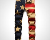 Men 39 s Stars Stripes Stretch Denim Jeans Slim Fit