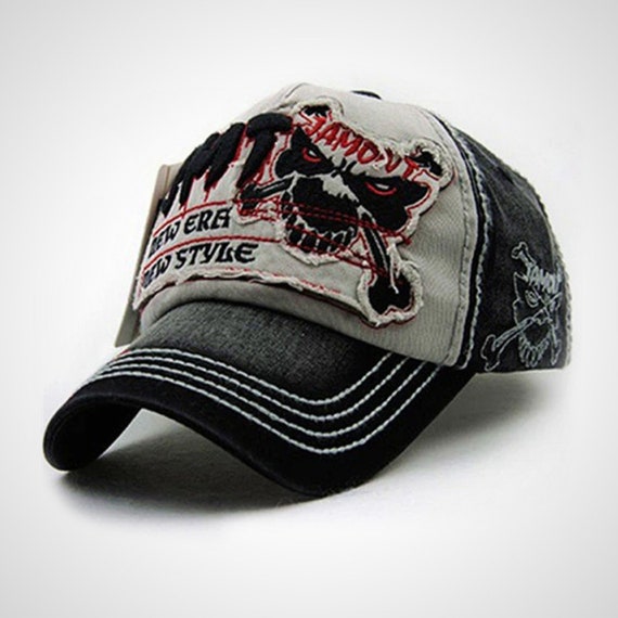 Cotton Baseball Cap, Snapback Hat. Available in Five Colours. Style Tattered, Frayed, Shabby, Trucker, Rocker, Hillbilly, Redneck, Skull.