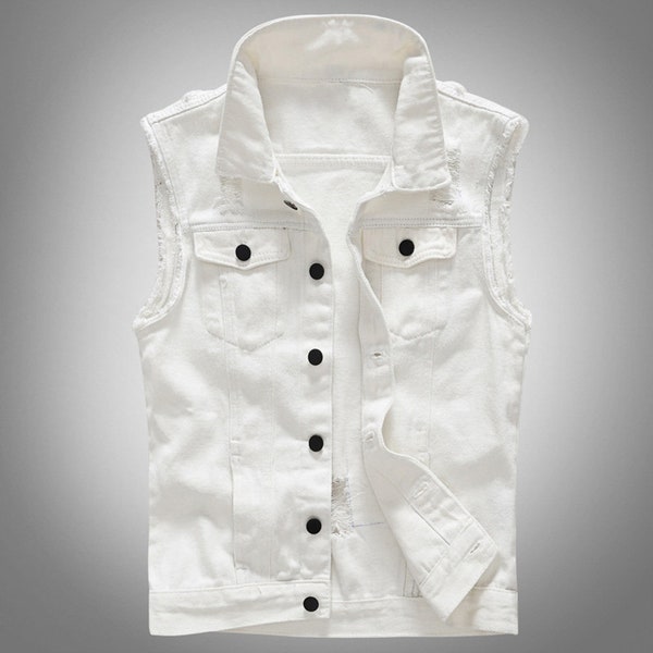 Torn White Thin Denim Vest with Black Buttons. Street Wear, Punk, Urban Style, Emo, Skater, Surfer, Biker, Rocker.