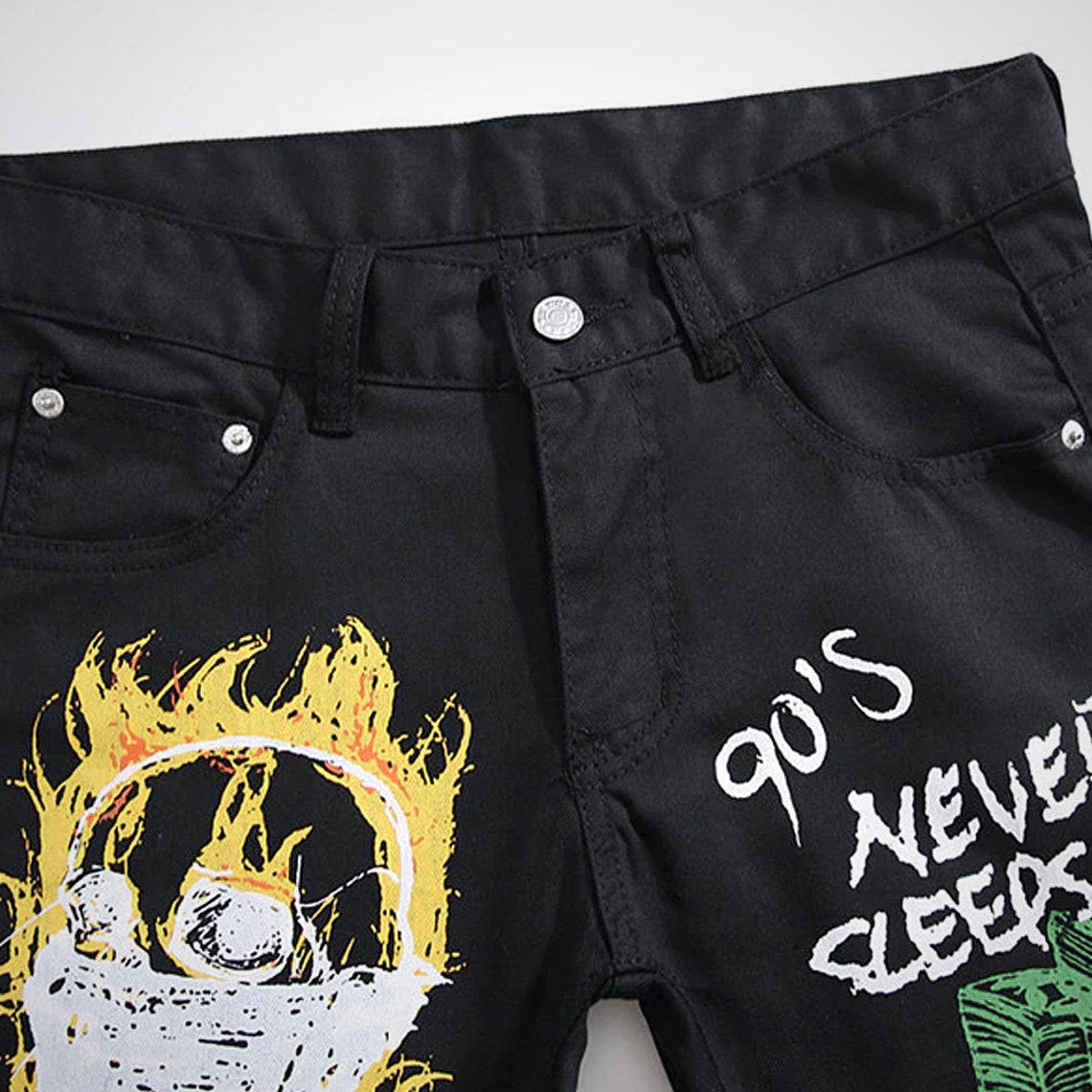 Man Jeans Black Flaming Statement Denim Jeans With Painted Etsy UK