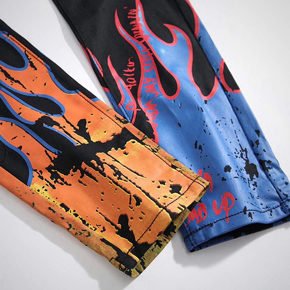 Man Jeans Black Flaming Statement Denim Jeans With Painted Etsy UK