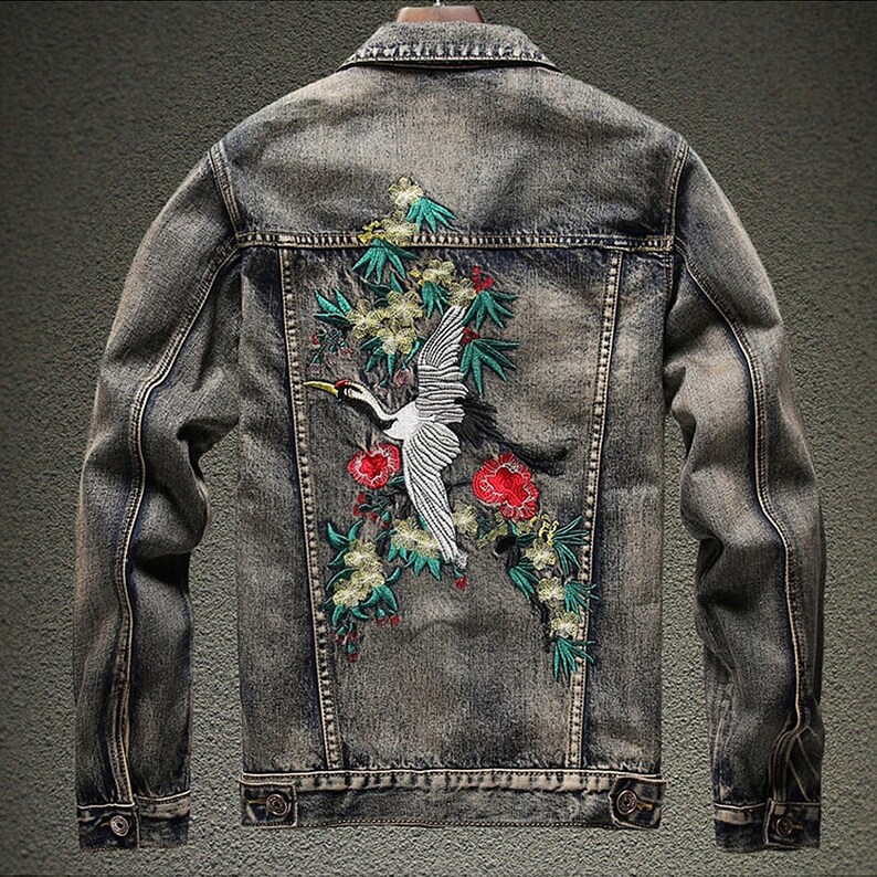 Men's Denim Jacket with Oriental Crane Embroidery Vintage Grey. Street Wear, Punk Jeans, Dark Soul, Urban Style, Emo, Goth, Metal. image 3