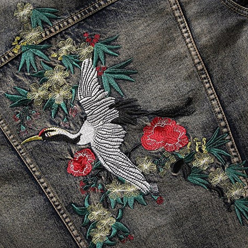 Men's Denim Jacket with Oriental Crane Embroidery Vintage Grey. Street Wear, Punk Jeans, Dark Soul, Urban Style, Emo, Goth, Metal. image 8