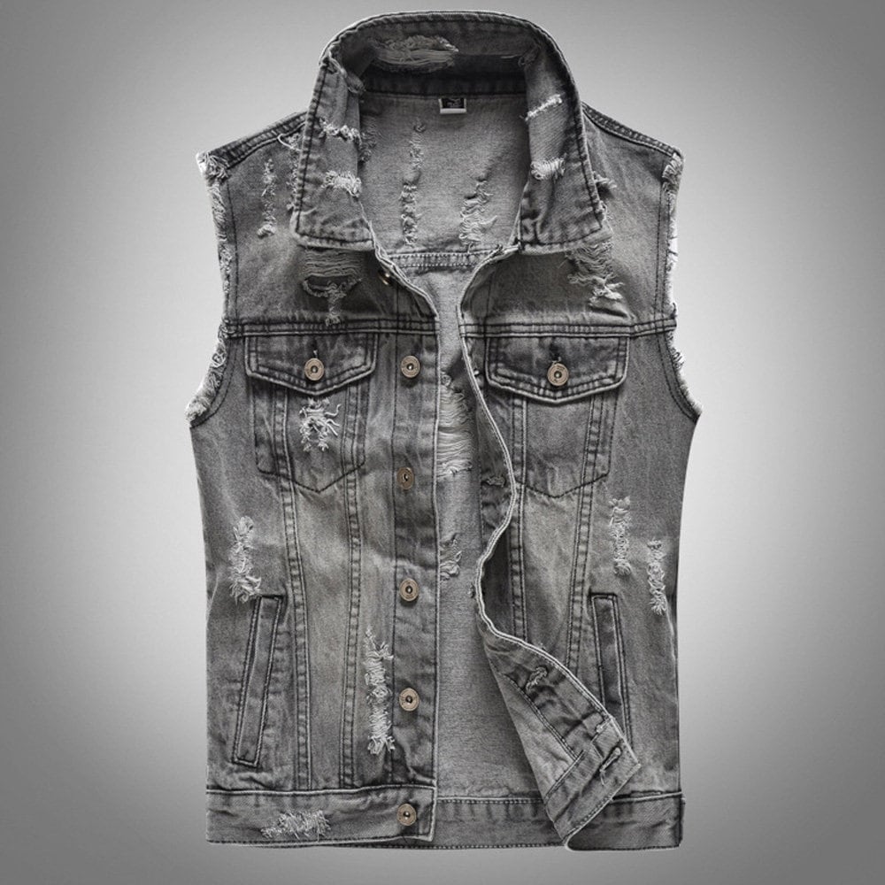 Pishon Mens Sleeveless Denim Vest Casual Slim Fit Ripped Classic Button  Down Jean Jacket BlackSmall at Amazon Mens Clothing store