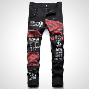 Men's Red Plaid Tartan Patchwork Punk Jeans. Slim Straight Fit