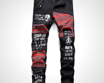 Men's Red Plaid Tartan Patchwork Punk Jeans. Slim Straight Fit