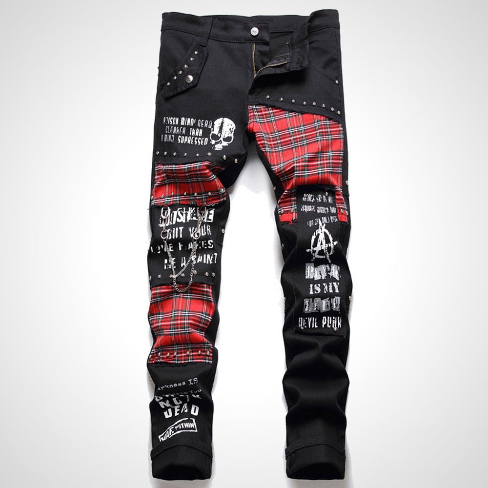 Men\'s Red Plaid Tartan Patchwork Punk Jeans. Slim Straight Fit - Etsy  Finland