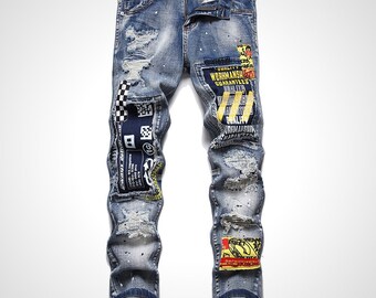 Men's Grafter Ripped Distressed Patchwork Stretch Denim Jeans Slim Tapered Cut