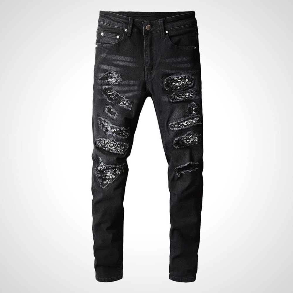 Men's Ripped Black Demin Jeans With Paisley Bandanna Etsy