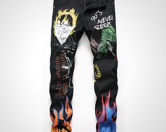Man Jeans Black Flaming Statement Denim Jeans With Painted Motif. Street Wear, Punk Jeans, Skater, Urban Style.