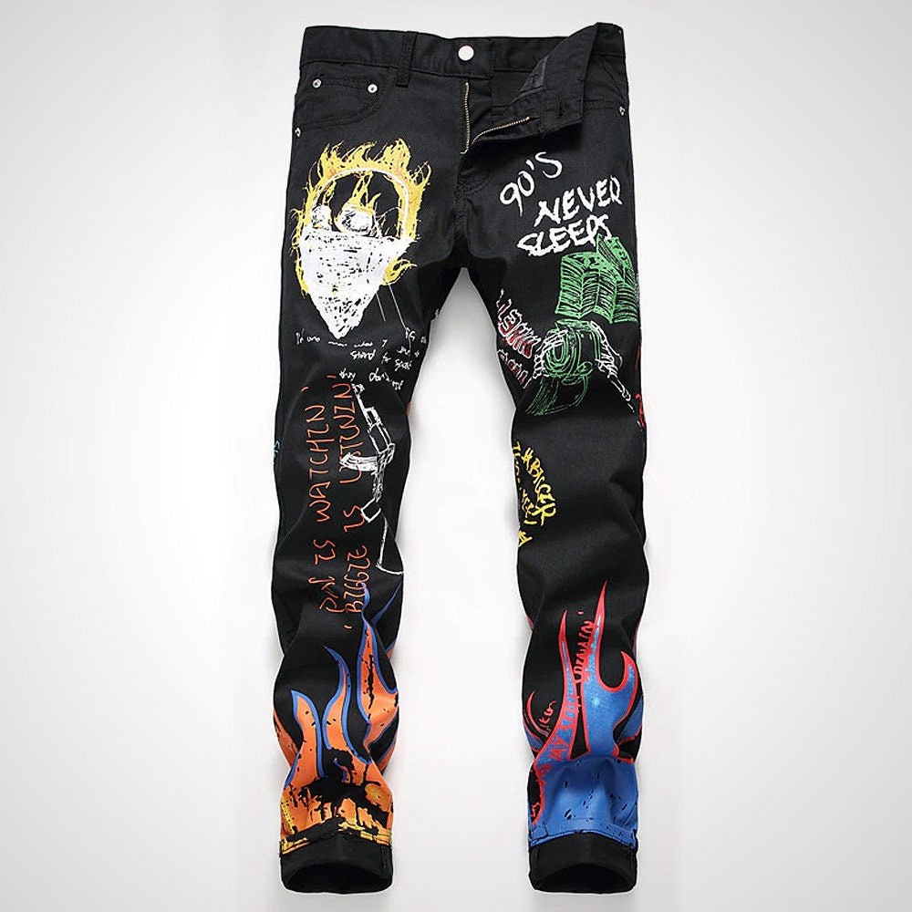 Man Jeans Black Flaming Statement Denim Jeans With Painted Motif. Street  Wear, Punk Jeans, Skater, Urban Style. 