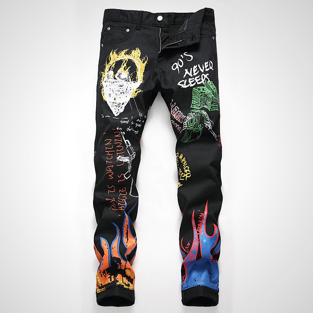 Man Jeans Black Flaming Statement Denim Jeans With Painted Etsy UK