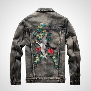 Men's Denim Jacket with Oriental Crane Embroidery Vintage Grey. Street Wear, Punk Jeans, Dark Soul, Urban Style, Emo, Goth, Metal. image 1