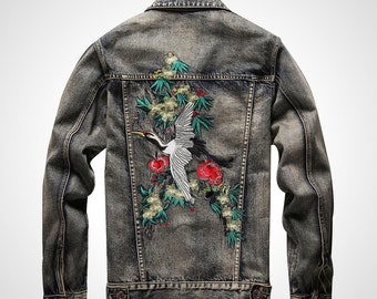 Men's Denim Jacket with Oriental Crane Embroidery Vintage Grey. Street Wear, Punk Jeans, Dark Soul, Urban Style, Emo, Goth, Metal.