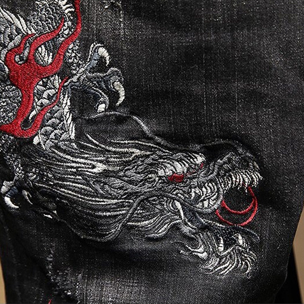 Men's Black Denim Jeans with Embroidered Chinese Dragon. | Etsy