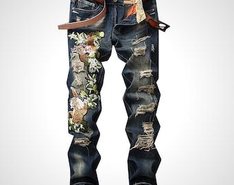 Man Jeans Ripped with Tiger Embroidery. Street Wear, Punk Jeans.