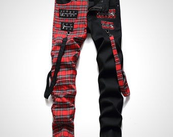 Men's Black Denim Jeans with Tartan Pattern Zips and Straps. Slim Straight Fit. Street Wear, Punk, Urban Style, Emo.