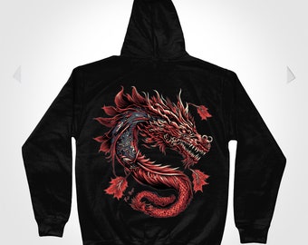 Black Hoodie, Buddha Inspired Naga Serpent Print, Chinese Japanese Dragon Design, Unisex Streetwear, Emo, Goth, Cosplay, Alt Fashion.