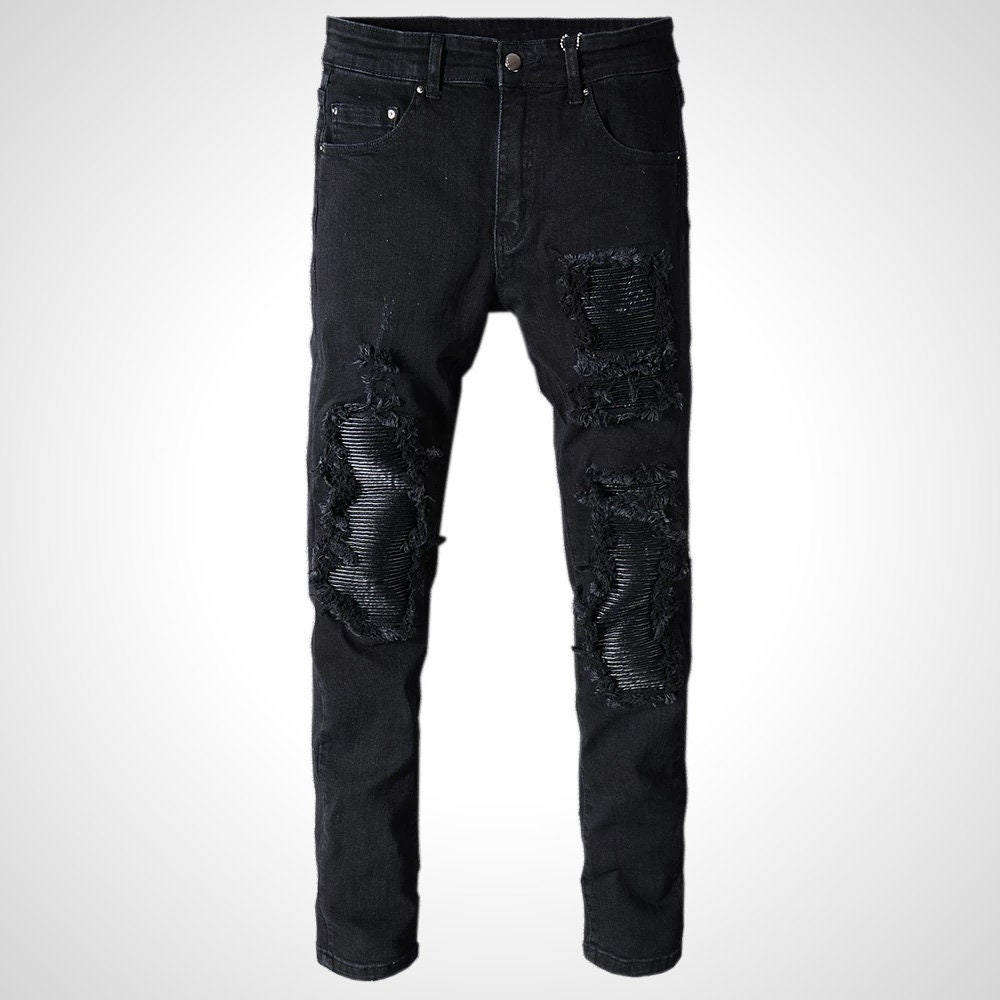 Mens Punk Vintaged Skull Graffiti Print Ripped Denim Jeans 