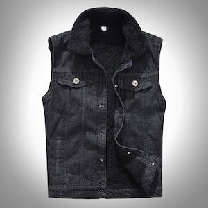 Black Sleeveless Denim Vest with Warm Fleece Lining. Street Wear, Punk, Urban Style, Emo, Skater, Surfer, Biker, Rocker.