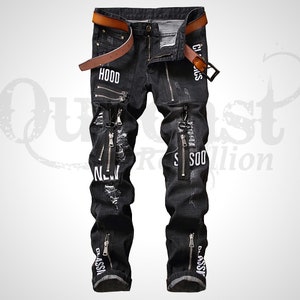 Man Jeans Black Stretch Denim Jeans. Zippers, Letters, Embroidered. Street Wear, Punk Jeans, Skater, Urban Style.