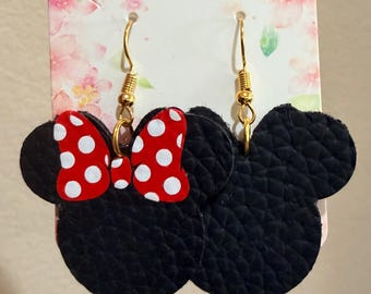 Handmade Mickey and Minnie Mouse Earrings – Faux Leather Disney-Inspired Earrings – Cute Red Bow Dangle Earrings for Women & Girls