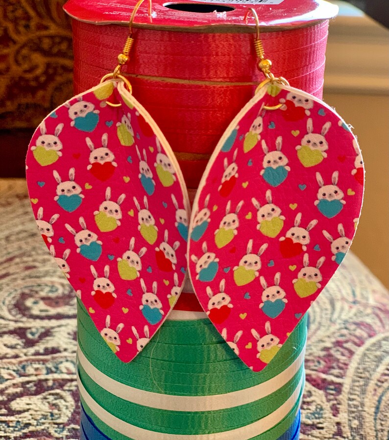 Beautiful Women\u2019s Earrings-Handmade Printed Bunny mixed with pink colors.