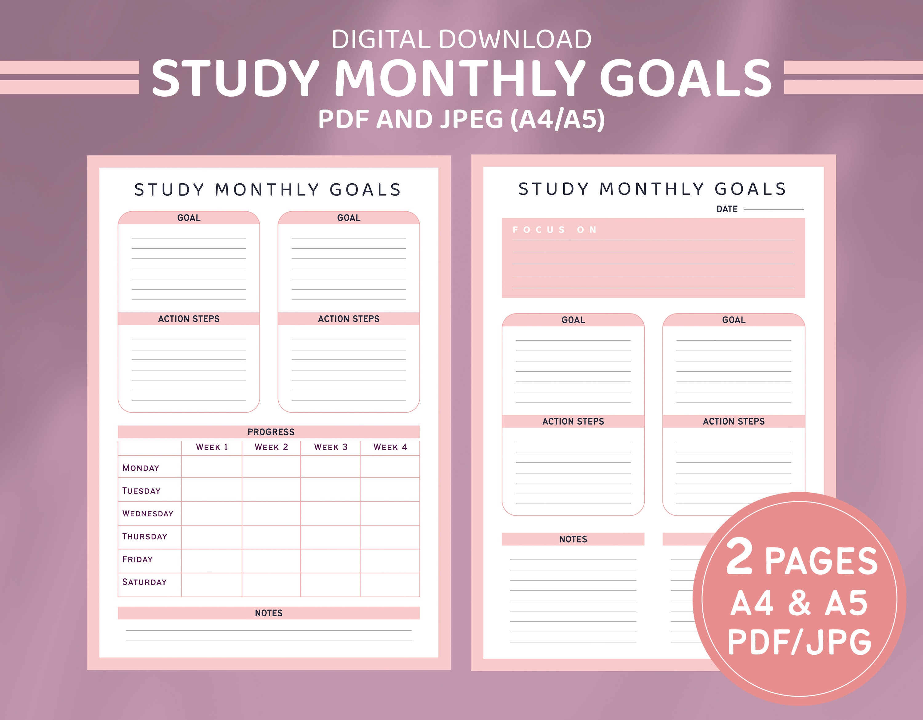 Study Monthly Goals Template, Monthly Goal Progress Tracker, Simple Goal Setting Worksheet, Printable Goal Sheets PDF, Student Goal Planner
