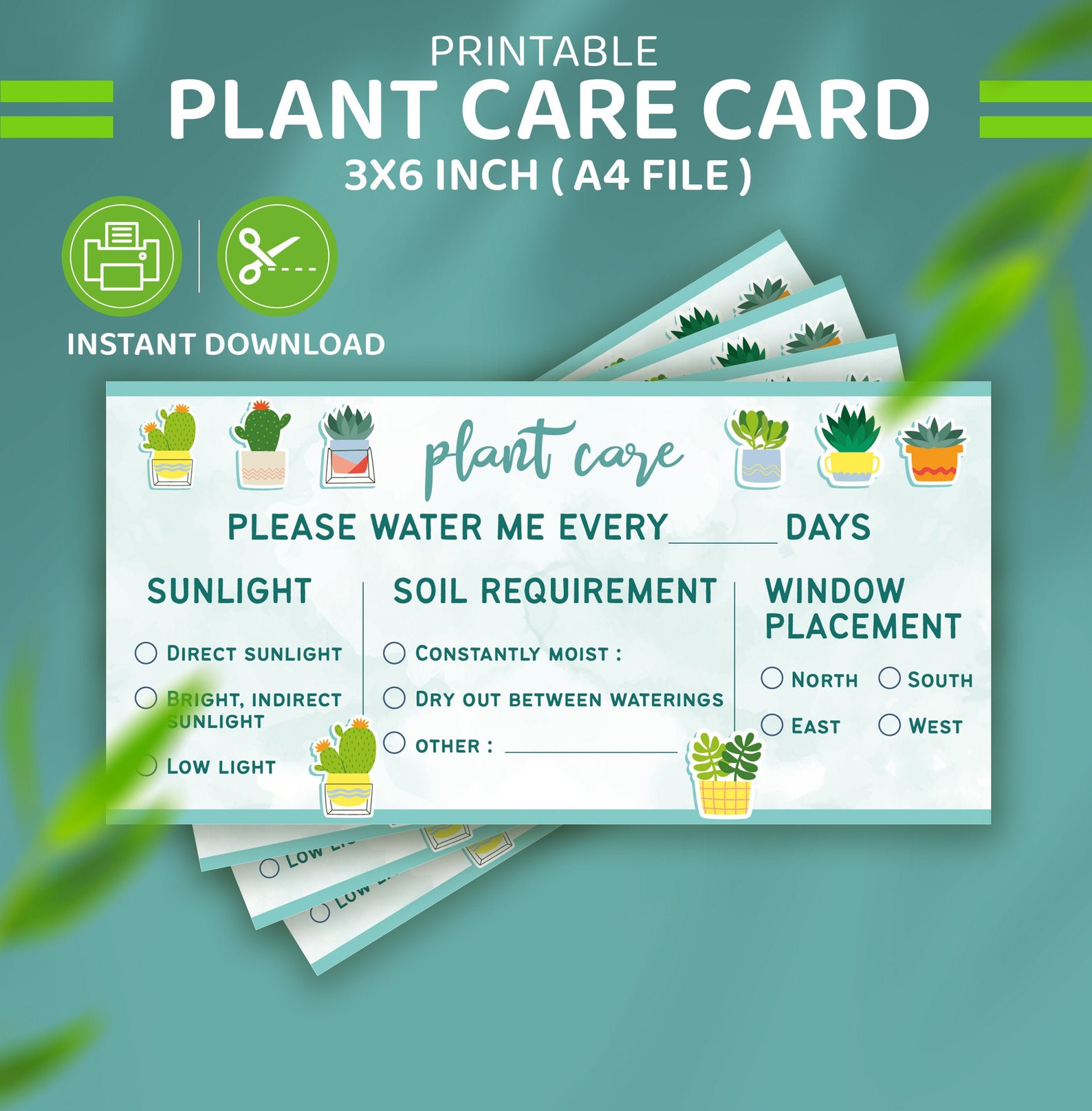 plant-care-card-printable-plant-care-sheet-digital-etsy