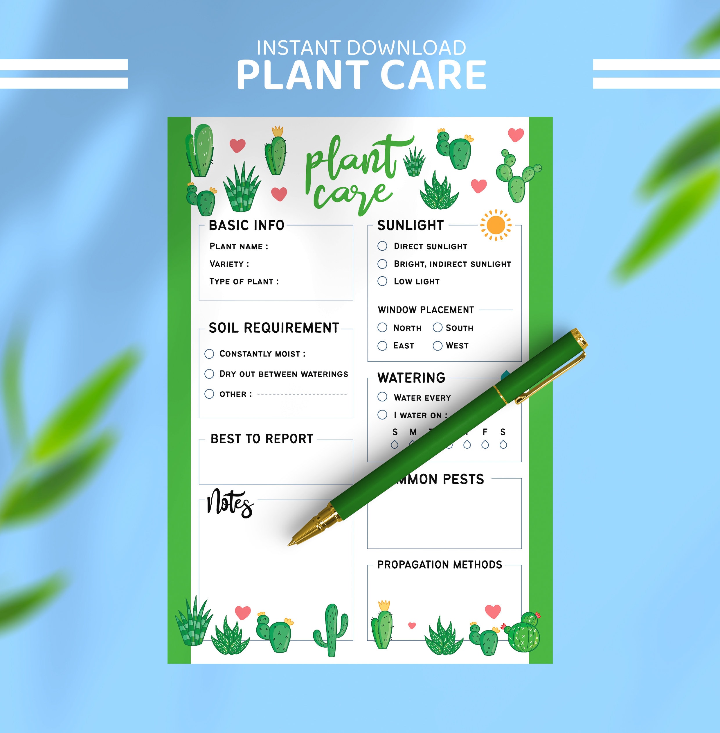 Plant Care Guide Printable Plant Care Sheet Digital Etsy
