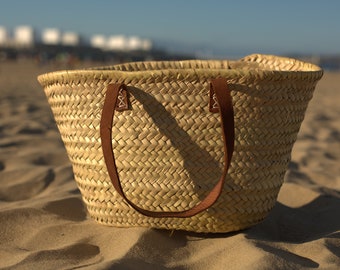 Handwoven Moroccan Straw Basket, Leather Handle French Market Bag