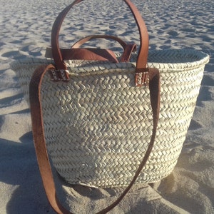 straw bag French Basket french market basket, Beach Bag Handmade Moroccan Basket - Natural French Basket Handle leather