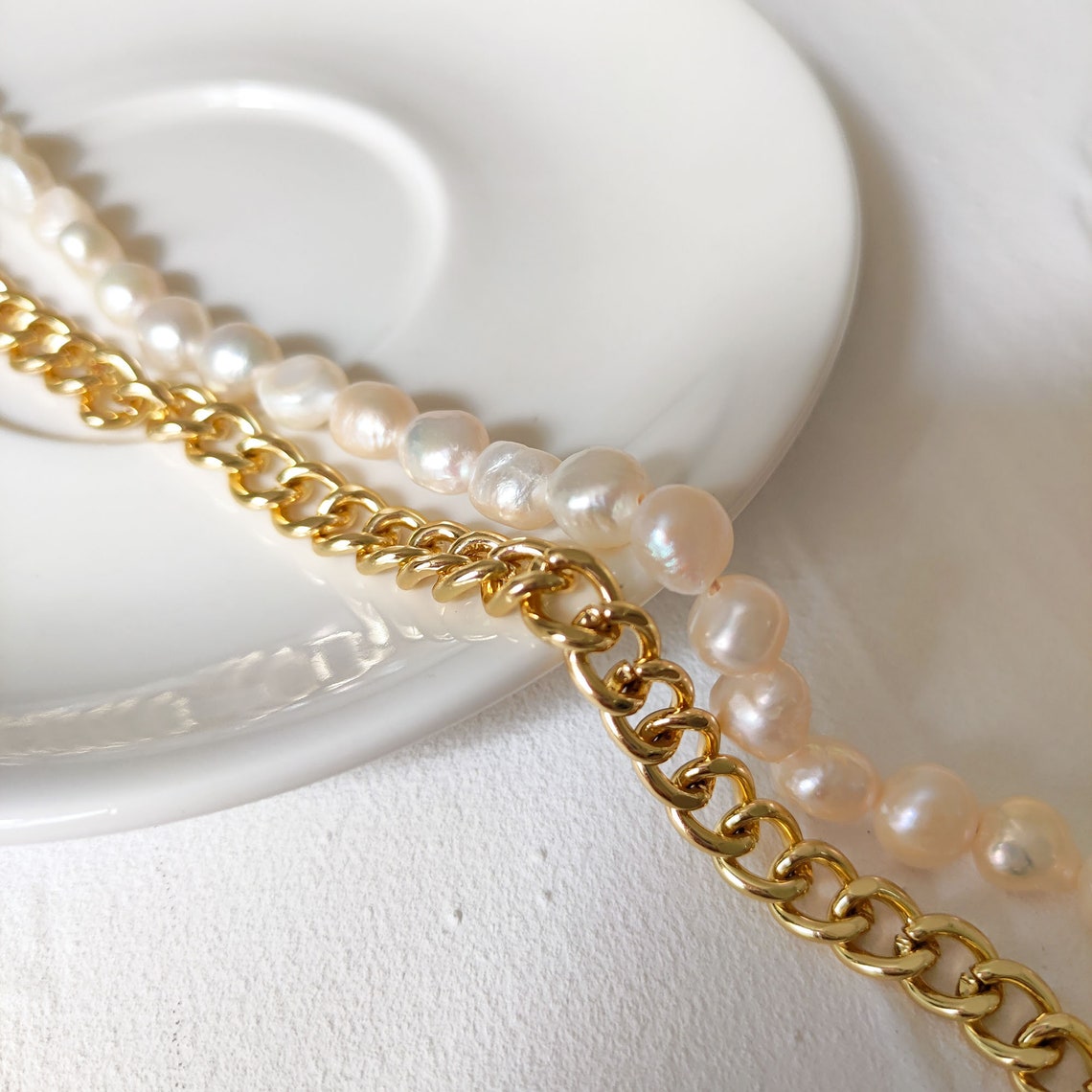 Half Chain Half Pearl Necklace for Women Chain Necklace Real Etsy