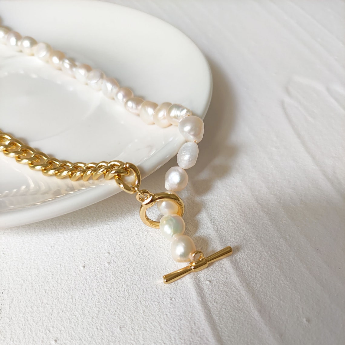 Half Chain Half Pearl Necklace for Women Chain Necklace Real Etsy