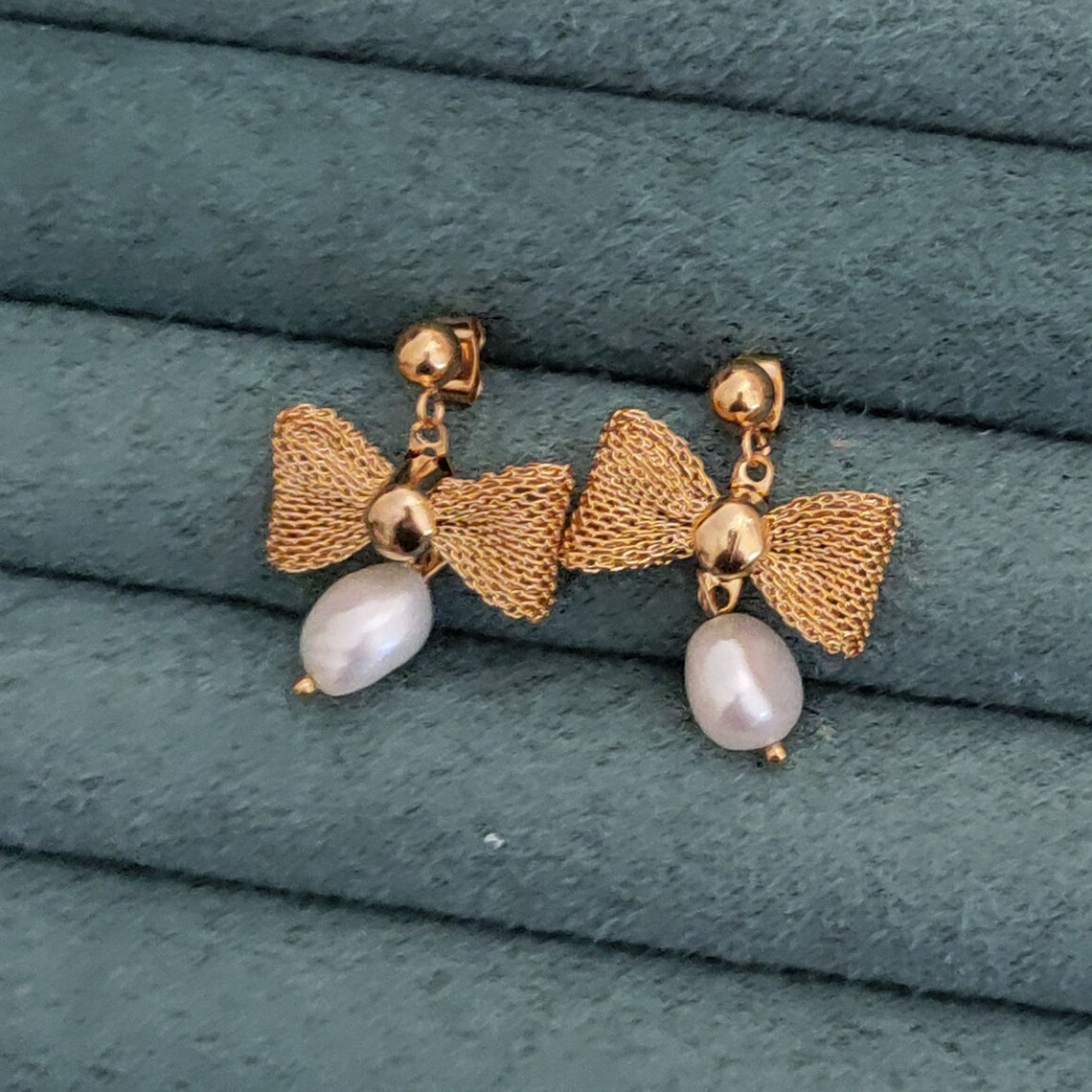 Real pearl bow dangling earrings for women gold drop earring Etsy