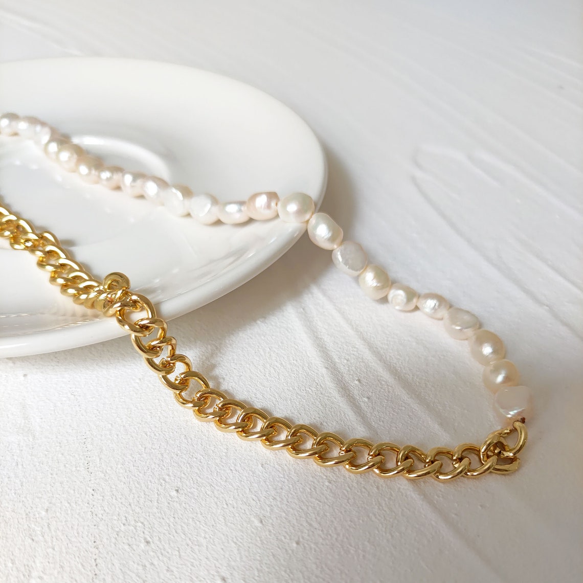 Half Chain Half Pearl Necklace for Women Chain Necklace Real Etsy