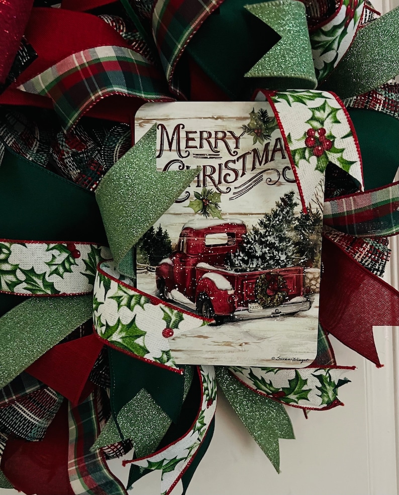 Christmas Red Truck Wreath,Farmhouse Christmas Home Decor image 6