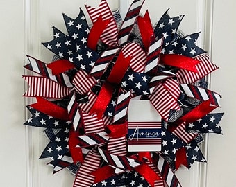 Patriotic Front Door Wreath, Red White and Blue Summer Wreath, America the Beautiful