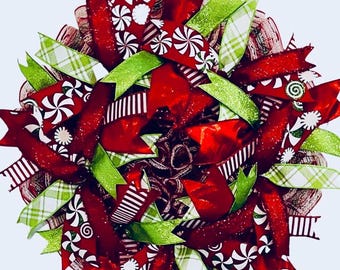 Whimsical Peppermint Christmas Wreath, Holiday Farmhouse Decor