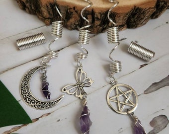Set of 3 Handmade Loc/ AMETHYST/ Dreadlock/ Braid/ Twist/ Spirals/ Coils/Braid Jewelry/Hair Jewelry/ Hair Accessories/ Loc Jewelry/Silver