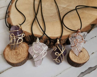 Wire Wrapped Raw Crystal Necklaces/ Rose Quartz/ Clear Quartz/ Amethyst/ Silver/ Copper/ Gold/ Black Cord