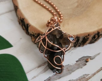 Smoky Quartz Cluster Necklace/ Copper Wire Wrap/Copper Ball Chain