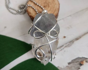 Raw Fluorite and Clear Quartz Silver Wire Wrapped Necklace