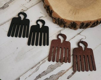 Wooden Comb Africa Earrings/ Afrocentric/ Brown or Black/ Jewelry
